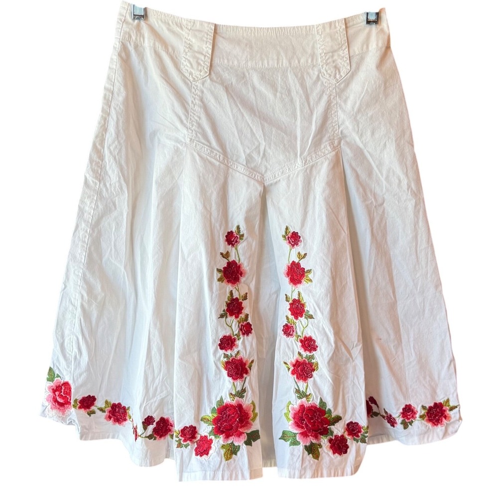 JOHNNY WAS Rose Floral Embroidered A-Line Knee Length Skirt White Womens Size 2